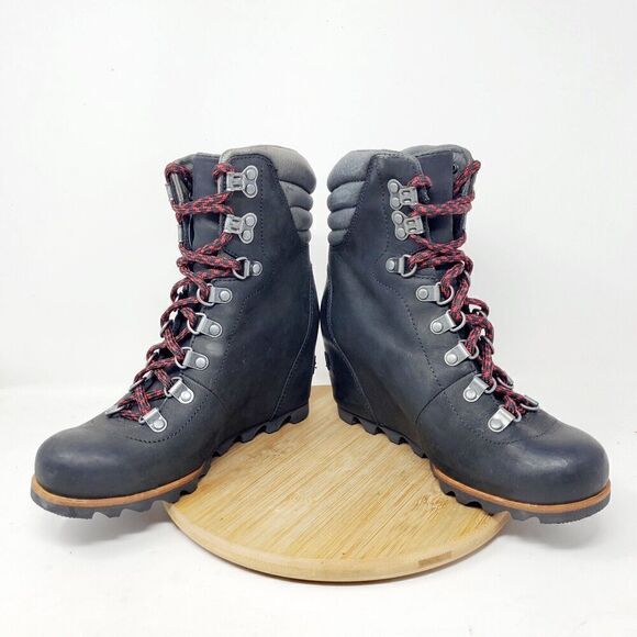 Sorel Boots Womens 7 Conquest Wedge Black Lace Up Hiker Alpine Lug Shoe - Picture 5 of 14